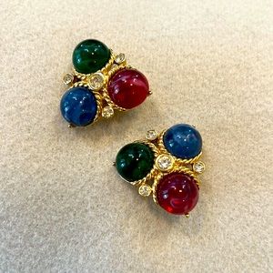 Trifari Earrings Blue Green Red Cluster Rhinestones Gold Metal Vintage Clip-on